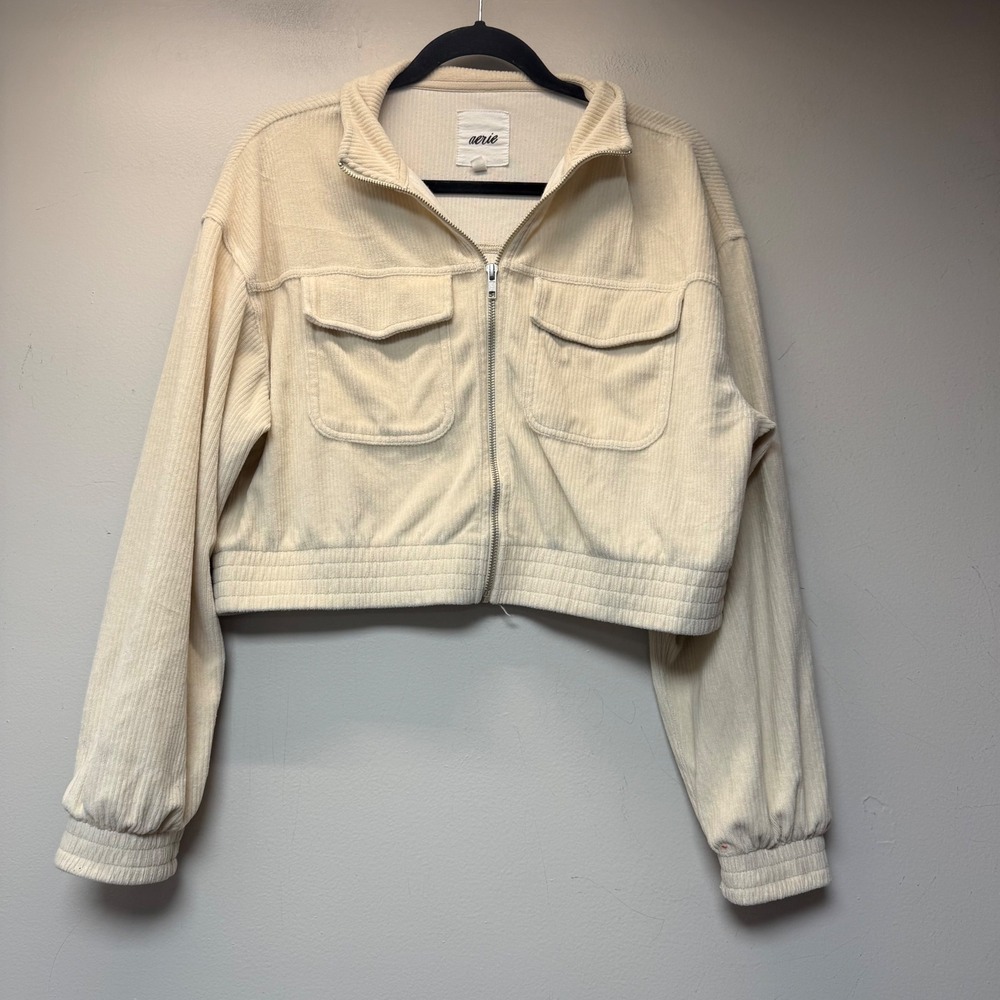 Aerie Corduroy Full Zip Jacket Womens Medium Cream Excellent Cropped‎ Utility